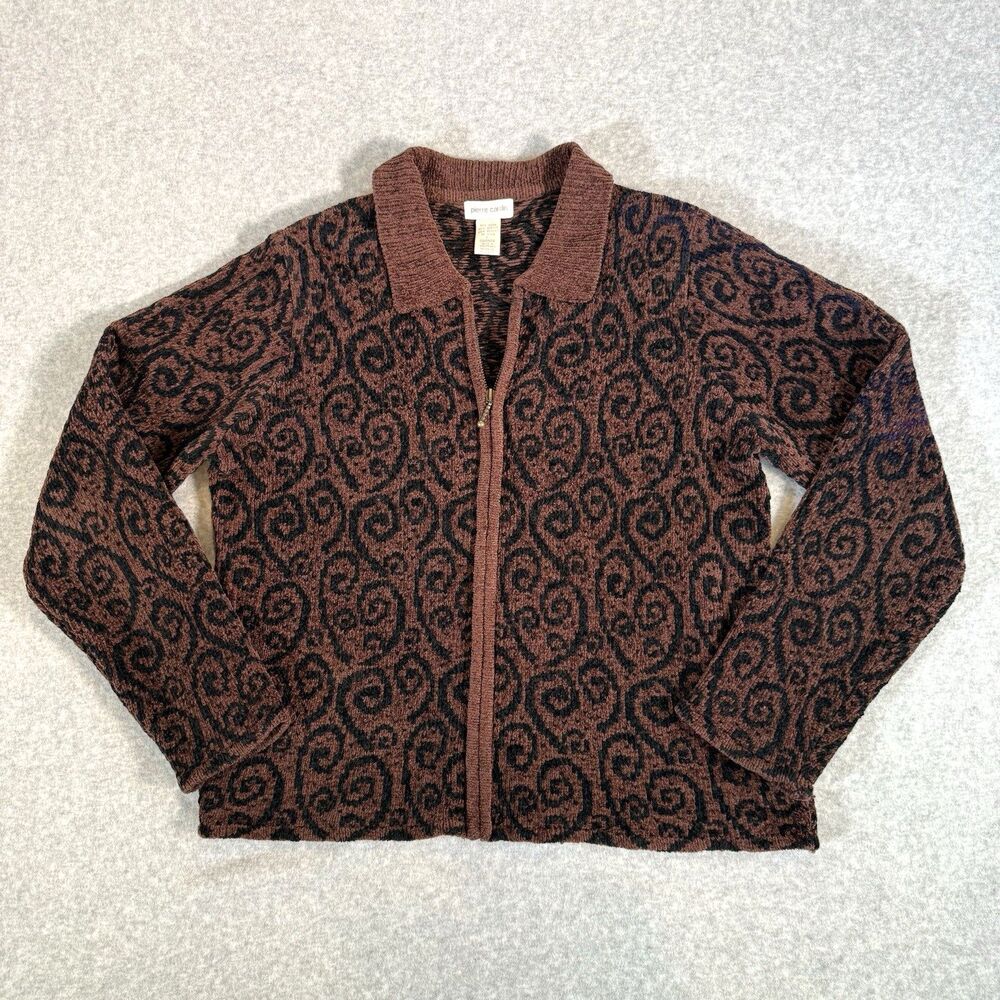 VTG Pierre Cardin Swirl Sweater Zip Cardigan Tapestry Jacket 90s Y2k Brown Large
